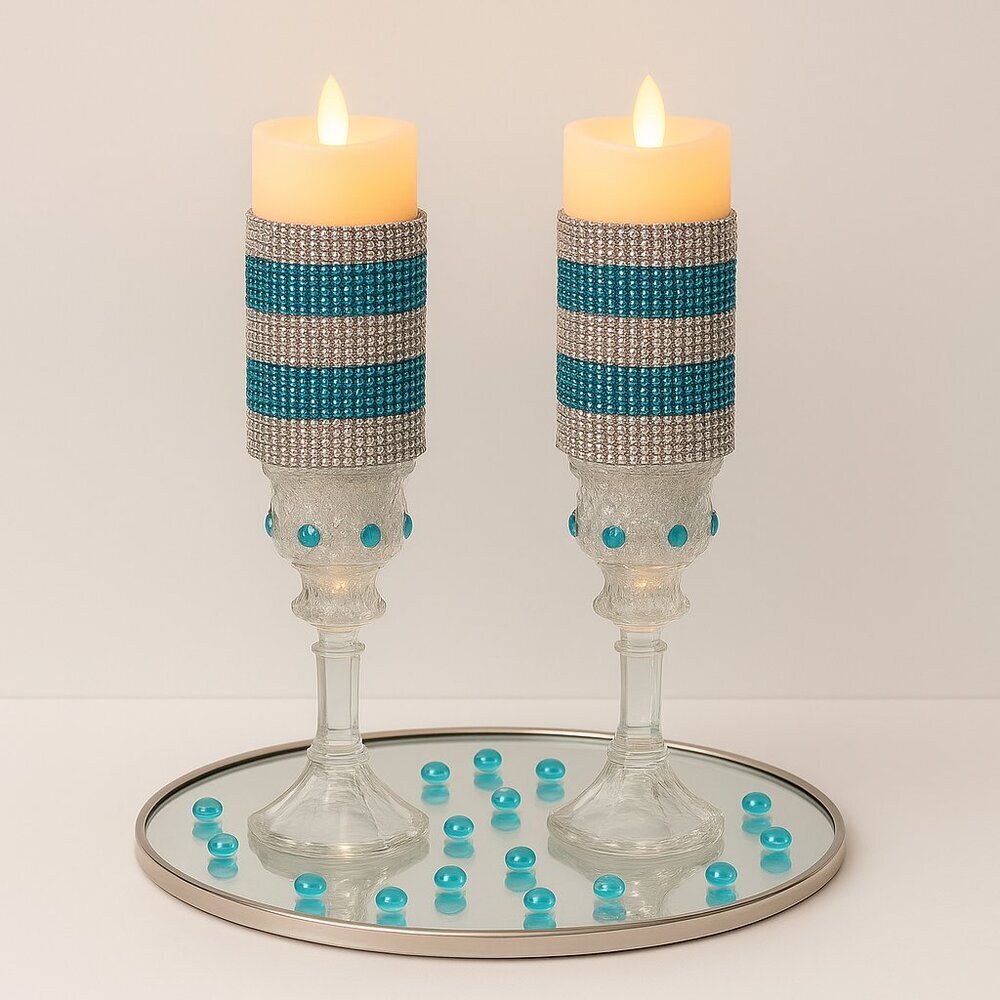 Handmade Glam Crystal Candle Holders – Silver & Teal Jeweled Design (Set of 2)